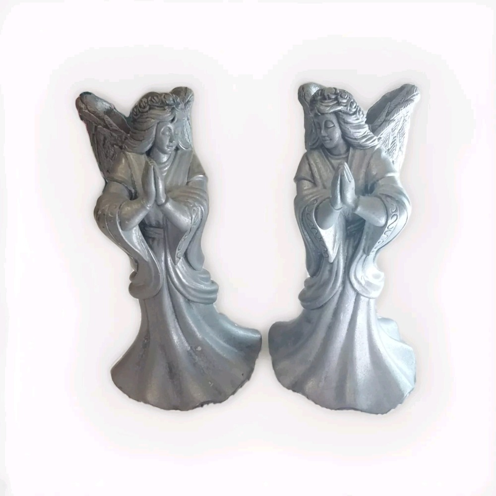 Candle Holders Set of 2 Pewter Angels Taper Heavy 6.5 inches